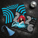 Invitation En Aluminium Retro Blue Neon Photo Graduate Foil Announcement<br><div class="desc">This trendy and stylish graduation announcement features a photo of the grad, with retro 80s typography for an up-to-date throwback look. There is room on the back of the card to add all the details about the class, school, and future plans of the graduate. Placeholder image provided by Unsplash and...</div>