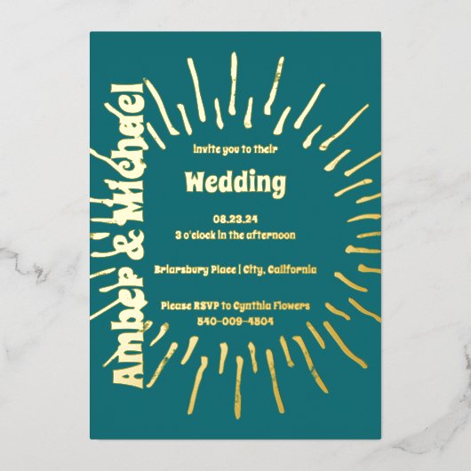 Invitation En Aluminium Retro Blue Turquoise et Gold Sun Mariage (Recto)
