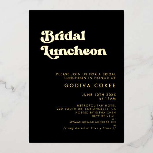Invitation En Aluminium Retro élégant noir & or Bridal déjeuner (Recto)