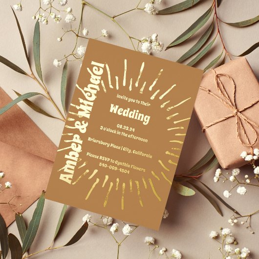 Invitation En Aluminium Retro Golden Brown et Gold Sun Mariage