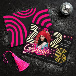 Invitation En Aluminium Retro Neon Pink Photo Graduate Foil Announcement<br><div class="desc">This trendy and stylish graduation announcement features a photo of the grad, with retro 80s typography for an up-to-date throwback look. There is room on the back of the card to add all the details about the class, school, and future plans of the graduate. Placeholder image provided by Unsplash and...</div>