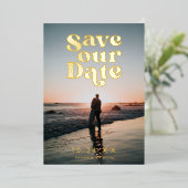 Invitation En Aluminium Retro Photo Enregistrer la date (Debout devant)