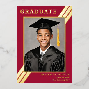 Invitation En Aluminium Retro Stripe Grad Photo Bourgogne Gold Graduation