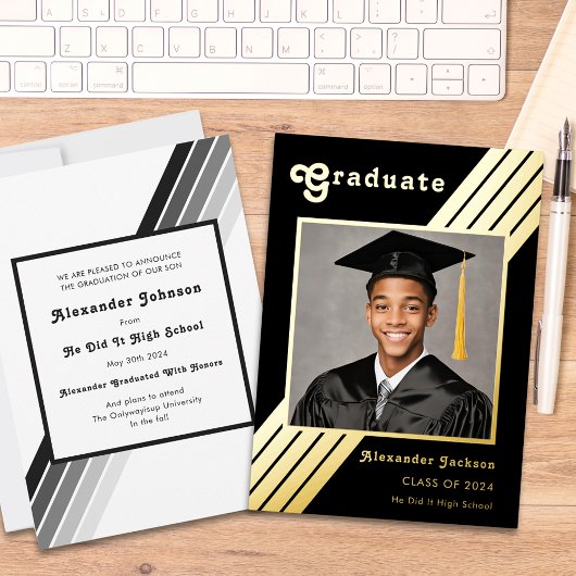 Invitation En Aluminium Retro Stripe Grad Photo noir et or Graduation