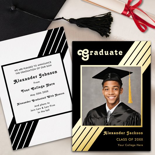 Invitation En Aluminium Retro Stripe Gradupe Photo noir et or