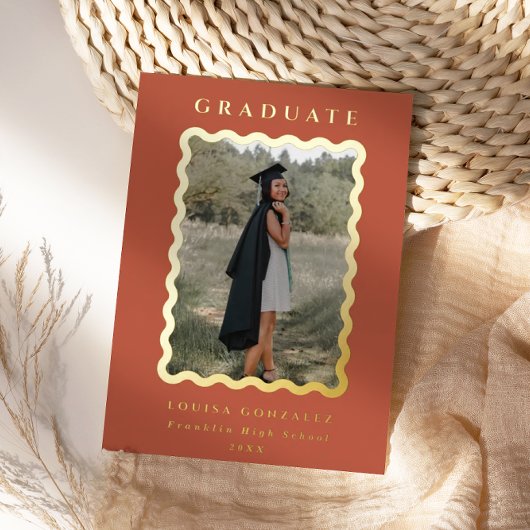 Invitation En Aluminium Rétro Waves Terracotta & Gold Graduation