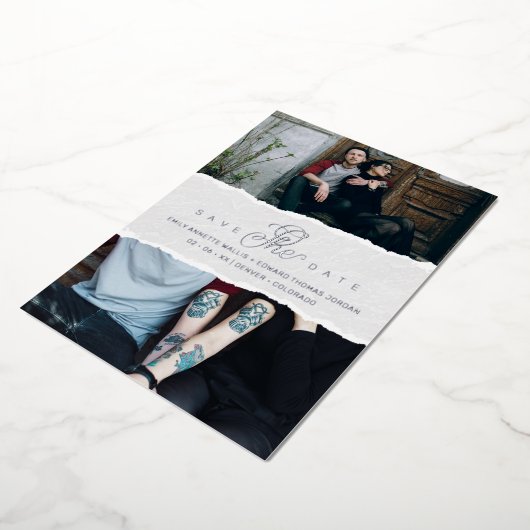 Invitation En Aluminium Ripped Paper Effect Wedding Custom Photo Script (Rotation)