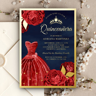 Invitation En Aluminium Robe à paillettes Roses rouges Quinceanera Navy Or