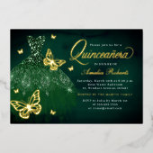 Invitation En Aluminium Robe à papillon Emerald Gold Quinceanera (Recto)