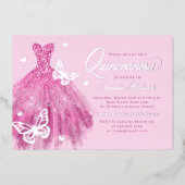 Invitation En Aluminium Robe à papillon rose chaud Quinceanera (Recto)