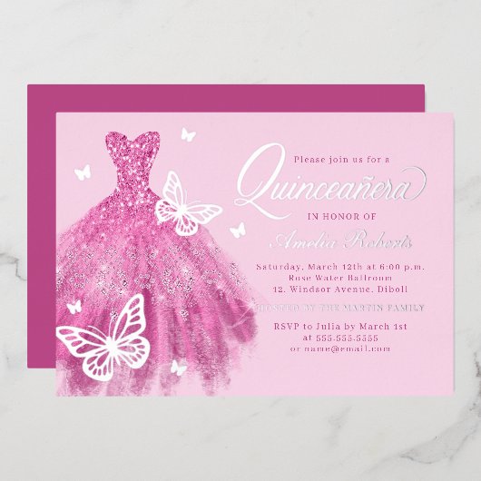 Invitation En Aluminium Robe à papillon rose chaud Quinceanera (Recto/Verso)