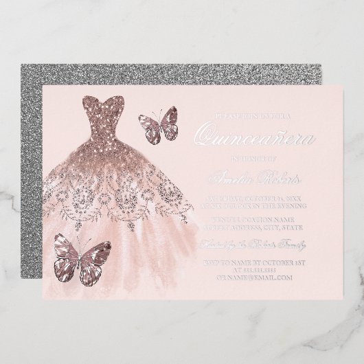 Invitation En Aluminium Robe à papillon rose OR ARGENT Quinceanera (Recto/Verso)