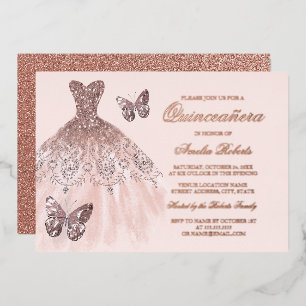 Invitation En Aluminium Robe à papillon rose OR FOIL Quinceanera