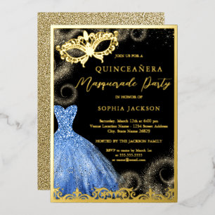 Invitation En Aluminium Robe bleue or Masquerade Party Quinceanera