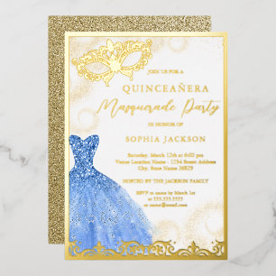 Invitation En Aluminium Robe bleue or Masquerade Party Quinceanera