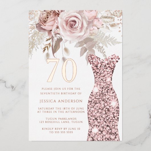 Invitation En Aluminium Robe Blush Fabuleux 70e anniversaire de fête Rose (Recto)