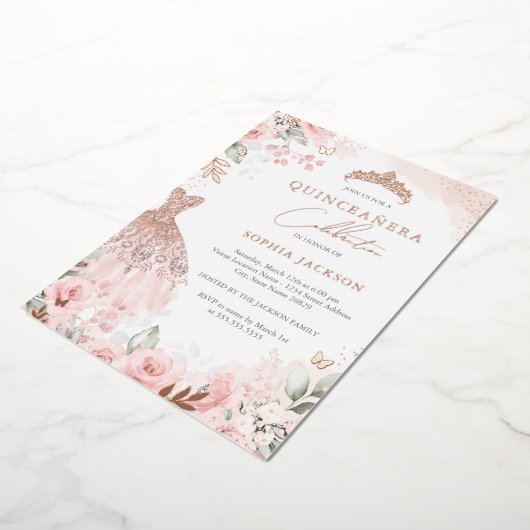 Invitation En Aluminium Robe Blush or rose Floral Quinceanera (Rotation)