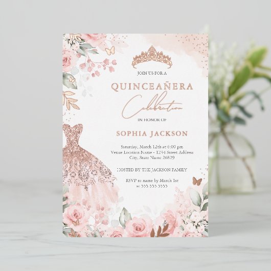 Invitation En Aluminium Robe Blush or rose Floral Quinceanera (Debout devant)
