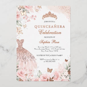 Invitation En Aluminium Robe Blush or rose Floral Quinceanera