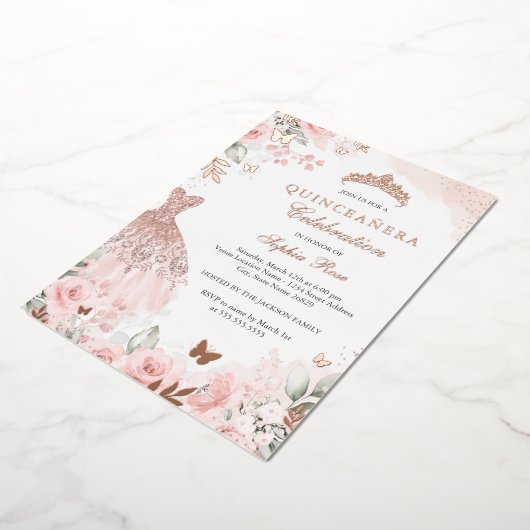 Invitation En Aluminium Robe Blush or rose Floral Quinceanera (Rotation)