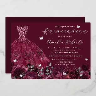 Invitation En Aluminium Robe Bourgogne Papillon Argent Floral
