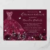 Invitation En Aluminium Robe Bourgogne Papillon argenté Floral (Recto)