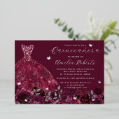 Invitation En Aluminium Robe Bourgogne Papillon argenté Floral (Debout devant)