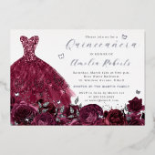Invitation En Aluminium Robe Bourgogne Papillon floral argenté (Recto)