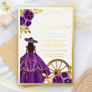 Invitation En Aluminium Robe Charro Fleurie Violette Quinceanera Or