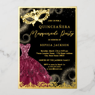 Invitation En Aluminium Robe de Bourgogne dorée Masquerade Party Quinceane
