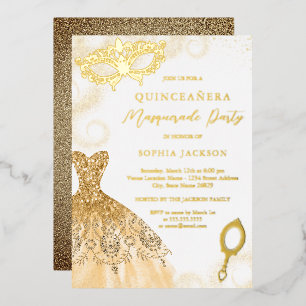 Invitation En Aluminium Robe de la fête Masquerade d'or Quinceanera Foil I