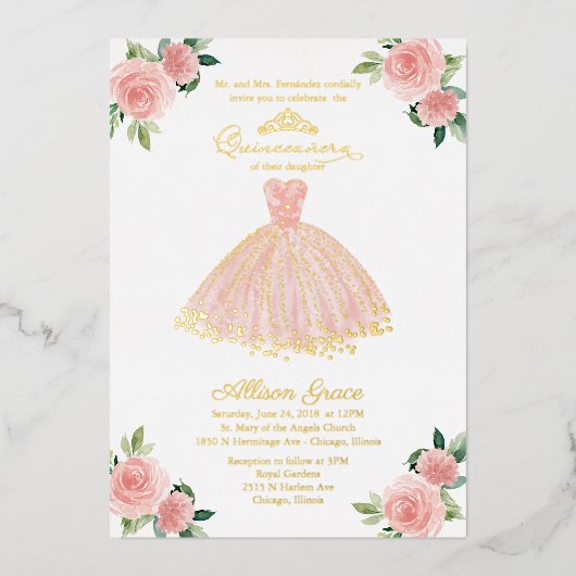 Invitation En Aluminium Robe de Quinceanera en or rose (Recto)