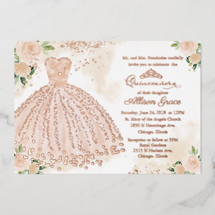 Invitation En Aluminium Robe de Quinceanera Fleurie Rose Bouquet Rose Doré