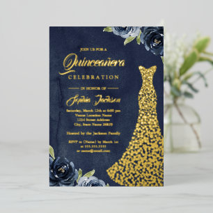 Invitation En Aluminium Robe de Quinceanera florale dorée Navy en feuille