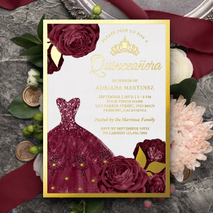 Invitation En Aluminium Robe de soirée Burgundy Floral Quinceanera Gold sc