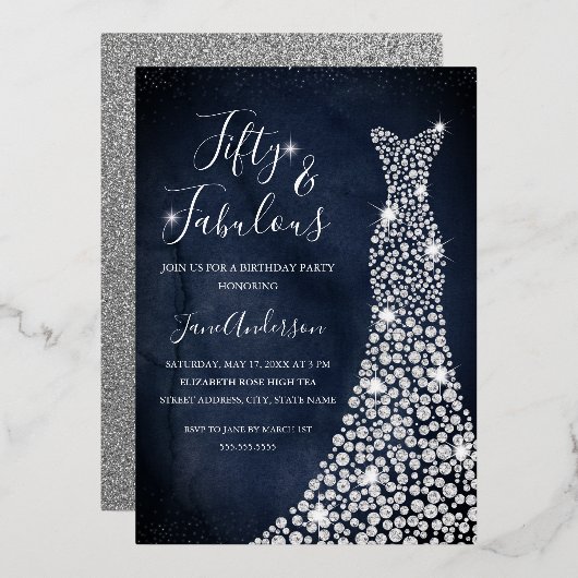 Invitation En Aluminium Robe Diamond Marine 50 & Fabuleuse huile d'anniver (Recto/Verso)