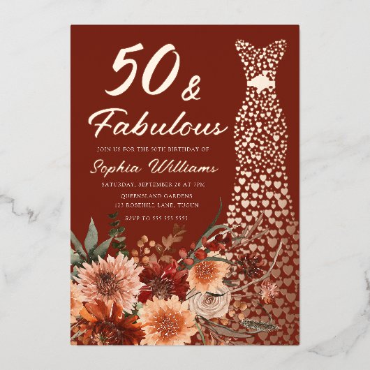 Invitation En Aluminium Robe d'or Rose en terre cuite Boho 50e anniversair (Recto)