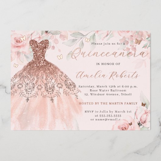 Invitation En Aluminium Robe d'or rose papillon floral (Recto)