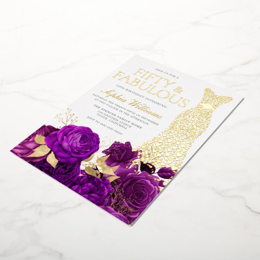 Invitation En Aluminium Robe d'or violet fleuri 50e fête d'anniversaire (Rotation)