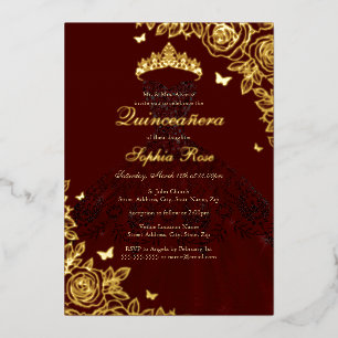 Invitation En Aluminium Robe élégante rouge Bourgogne or Rose Quinceanera