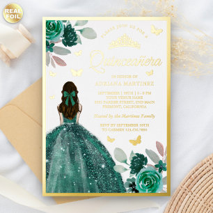 Invitation En Aluminium Robe émeraude verte Papillon Quinceanera Or doré
