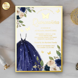 Invitation En Aluminium Robe Fleurie Bleu Marine Papillon Quinceanera Or