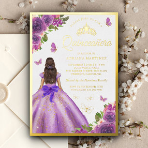 Invitation En Aluminium Robe Fleurie Lavande Papillon Quinceanera Or