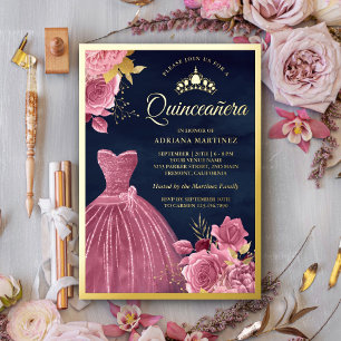 Invitation En Aluminium Robe Fleurie Rose Poussiéreuse Quinceanera Bleu Ma