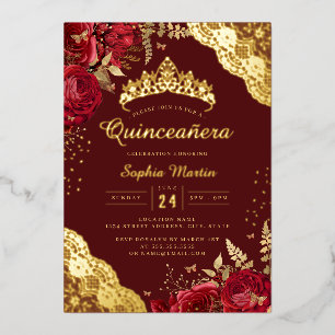 Invitation En Aluminium Robe Fleurie Rouge en Dentelle pour Quinceanera