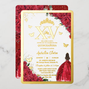 Invitation En Aluminium Robe Fleurie Rouge Quinceañera Quince 15 XV Or