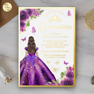 Invitation En Aluminium Robe Fleurie Violette Papillon Quinceanera Or
