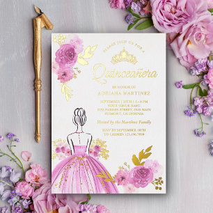 Invitation En Aluminium Robe Fleurie Violette Princesse Quinceanera Or