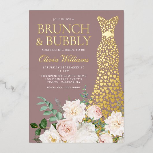 Invitation En Aluminium Robe & Fleurs Brunch & Bubbly Fête des mariées Or (Recto)