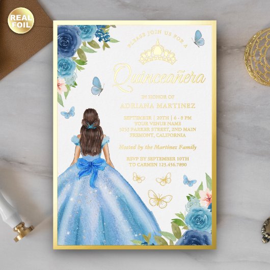Invitation En Aluminium Robe florale bleu doux Papillon Quinceanera Or